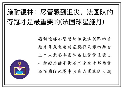 施耐德林:尽管感到沮丧,法国队的夺冠才是最重要的(法国球星施丹)