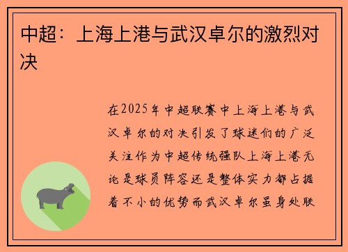 中超：上海上港与武汉卓尔的激烈对决