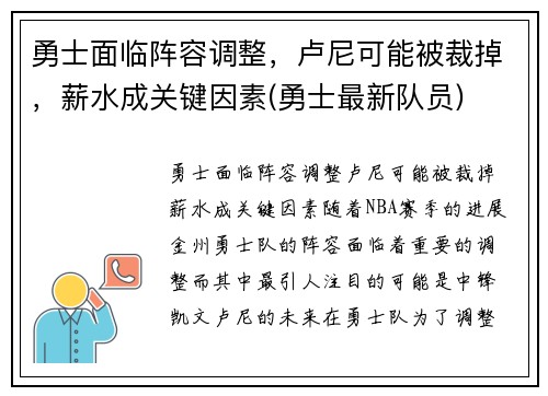 勇士面临阵容调整，卢尼可能被裁掉，薪水成关键因素(勇士最新队员)