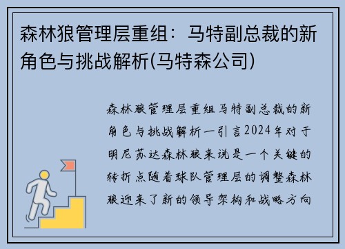 森林狼管理层重组：马特副总裁的新角色与挑战解析(马特森公司)