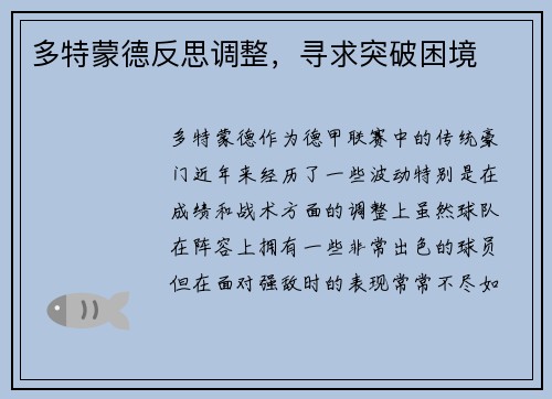 多特蒙德反思调整，寻求突破困境