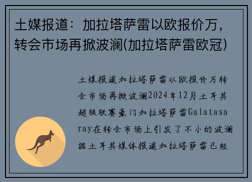 土媒报道：加拉塔萨雷以欧报价万，转会市场再掀波澜(加拉塔萨雷欧冠)